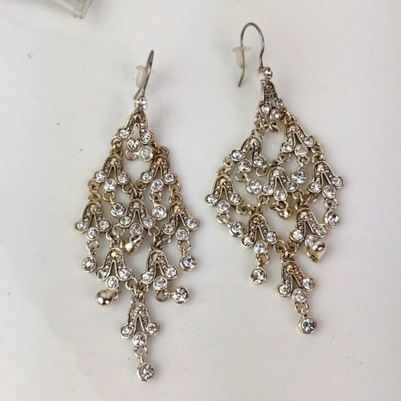 Rhinestone Chandelier Fringe Silver-Tone With Golden Hue Drop Earrings - Picture 4 of 11